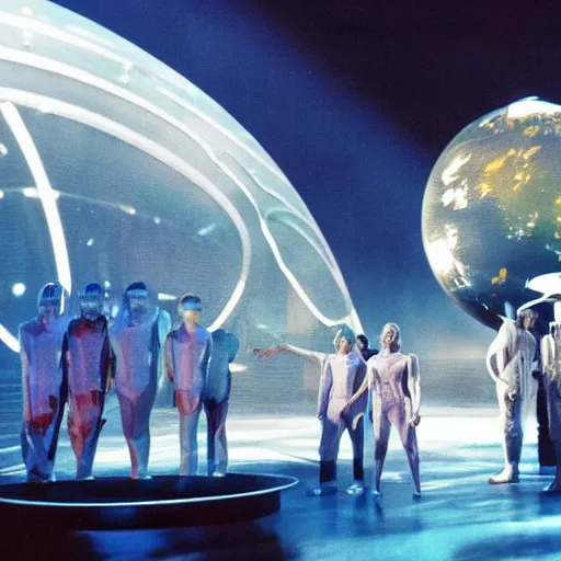 Image similar to a photo still of the Broadway production 'Future World 2050'. Spaceship scene.