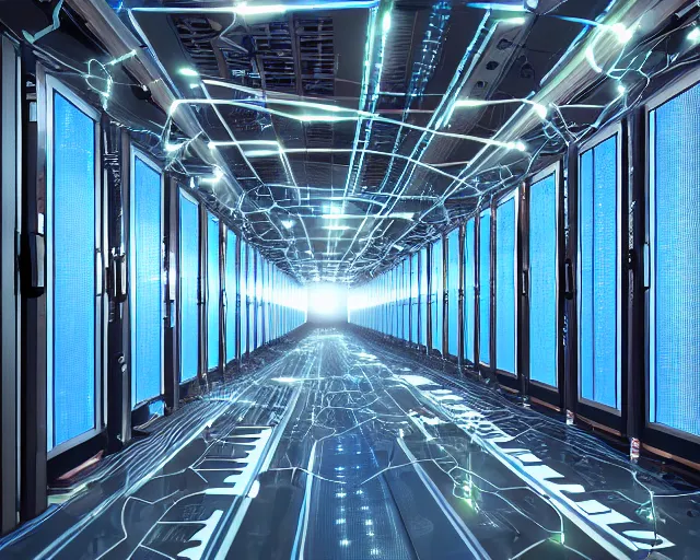 Image similar to artificial intelligence datacentre, central server, deep view, heavy blue led lights, wires connected, award winning, extremely detailed, artstation, 8 k, incredible art