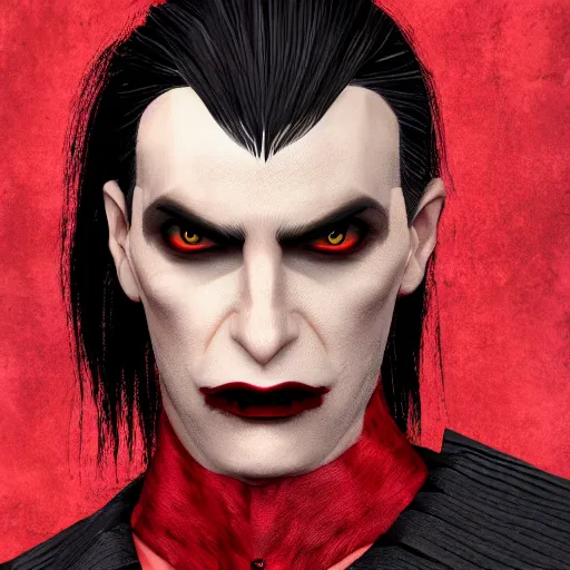 Image similar to a vampire, male, mid - 3 0 s aged, long, slicked black hair, clean shaven, in red and black, regal, high fantasy, realistic, highly detailed, concept art, 8 k.