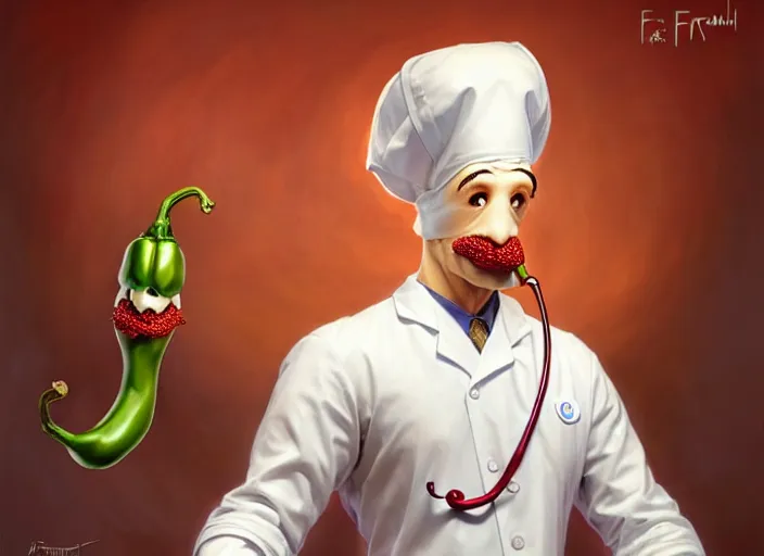 Image similar to anthropomorphic pepper wearing a white doctor's uniform, diffuse lighting, fantasy, hospital background, intricate, elegant, highly detailed, lifelike, photorealistic, digital painting, artstation, illustration, concept art, smooth, sharp focus, art by frank frazetta and marco bucci and loish and rossdraws and artgerm and alphonse mucha