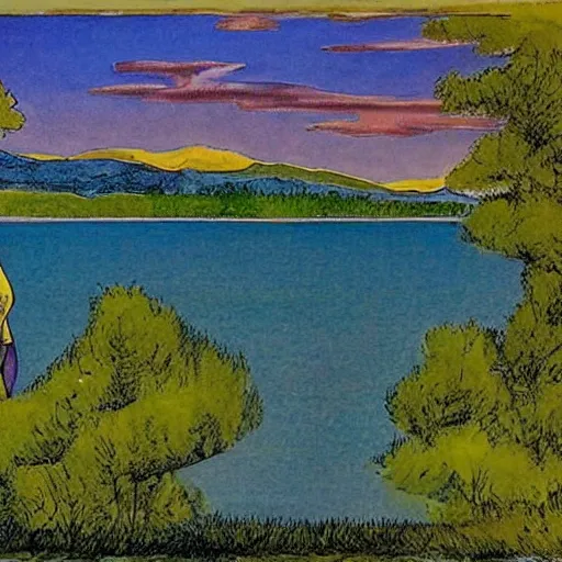 Image similar to by milo manara improvisational, meticulous cool yellow. the computer art of two lakes in connecticut, with mountains in the distance.