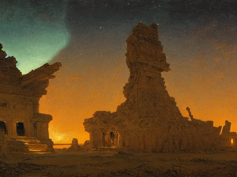 Image similar to an oil painting of an ancient and cursed temple in the middle of an alien salt plane at dusk, aurora and stars light up the sky by beksinski carl spitzweg and tuomas korpi. baroque elements, full-length view. baroque element. intricate artwork by caravaggio. Trending on artstation. 8k