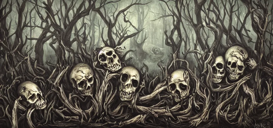 Prompt: A horror painting of a dark fantasy forest, skulls, bones, pain, agony, sorrow