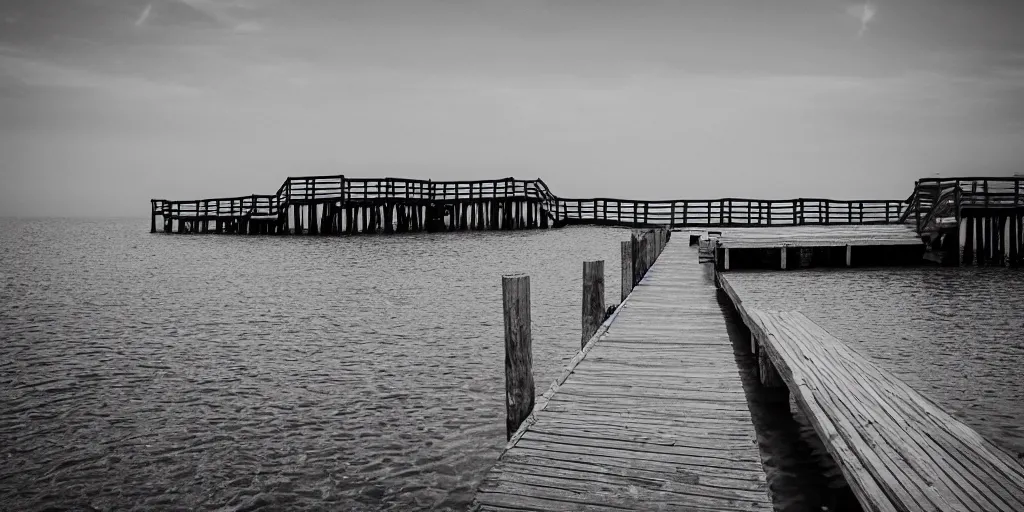 Image similar to infrared photograph of a seaside dock