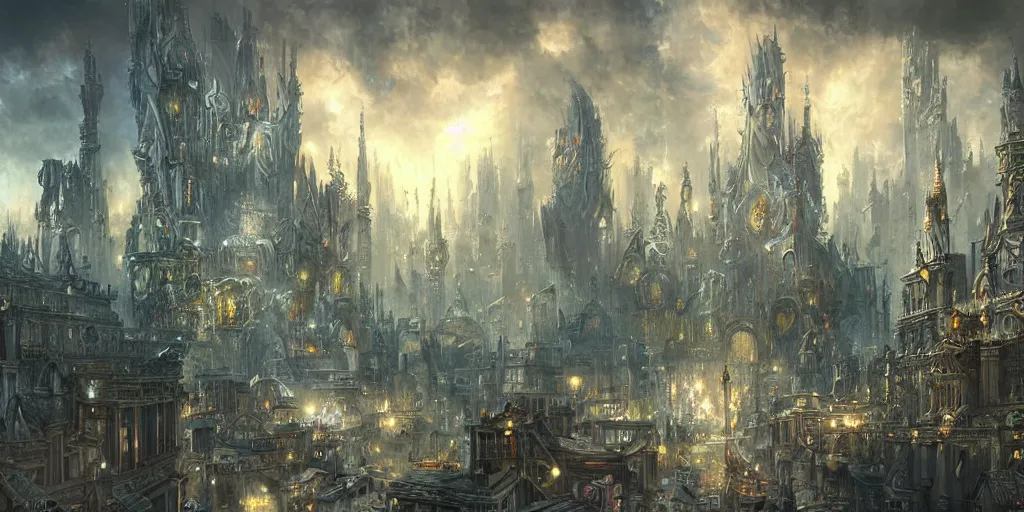 Image similar to breathtaking detailed concept art painting of fantasy city, ornate background, by james gurney, extremely moody lighting, 8 k