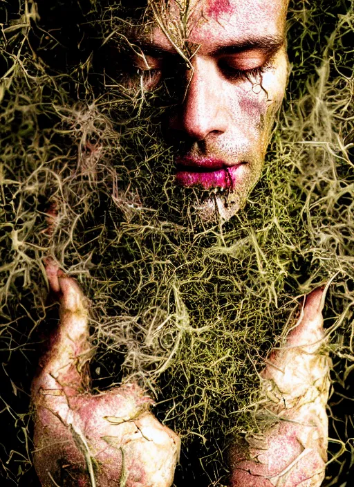 Image similar to mysterious and sensual scene of tyrolean farmer transforming into hay man with horns, roots and edelweiss growing out of the body 35mm double-exposure photo, palm body, deep shadows, german expressionism, noir, slightly colorful, photorealistic, detailed smoke, natural bones and skin, natural textures, depth of field, ambient occlusion, motion blur, HD, masterpiece, volumetric, chromatic aberration by Richard Avedon, style of Ade Santora, perfect composition, masterpiece, intricate detailed