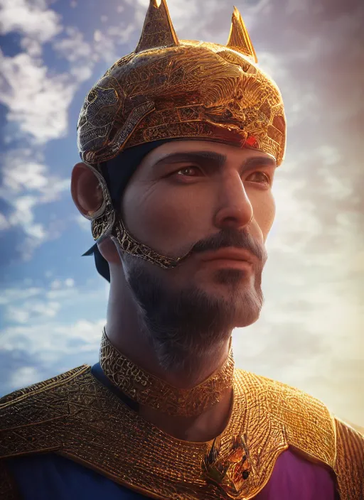 Image similar to portrait of sheikh ruler of dubai, dragon, head and torso only, cinematic lighting, studio quality, smooth render, unreal engine 5 rendered, octane rendered, art style by klimt and nixeu and ian sprigger and wlop and krenz cushart.