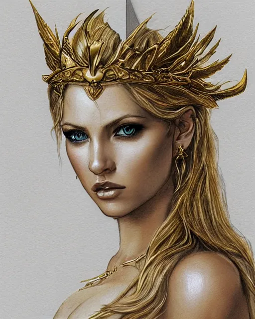 Image similar to tattoo design sketch of hot blonde super model as aphrodite greek goddess wearing a gold laurel wreath and triangle earrings, beautiful piercing gaze with sharp pupils, in the style of greg rutkowski, fantasy, amazing detail, epic, elegant, smooth, sharp focus, front view