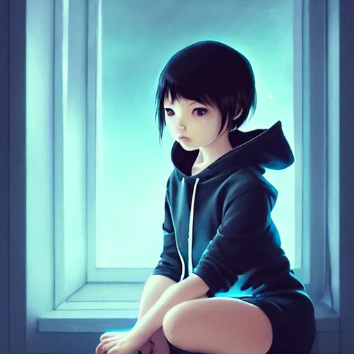 Prompt: very small little girl in a cat hoodie by ross tran, sitting in a dark room by sana takeda, rtx reflections, very high intricate details, digital anime art by artgerm, medium shot, mid - shot, composition by ilya kuvshinov, lighting by greg rutkowski