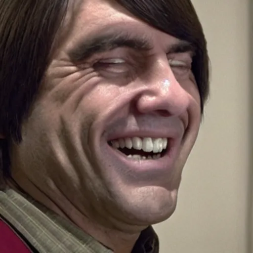 Prompt: still from no country for old men featuring anton chigurh but his head is really tall and he is smiling like a maniac