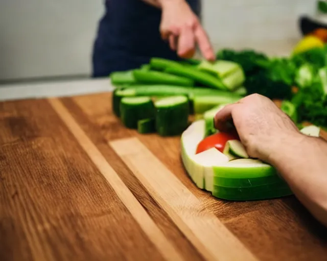 Image similar to 9 0 degrees fov, first person point of view of me chopping vegetables on a chopping board