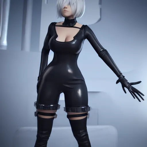 Image similar to 2 b nier automata wearing skintight clothes, 3 d render, anatomically correct, cinematic lighting, unreal engine, octane render, ray tracing, unity, highly detailed, high quality, hd, 4 k, 8 k, realistic, sharp, trending