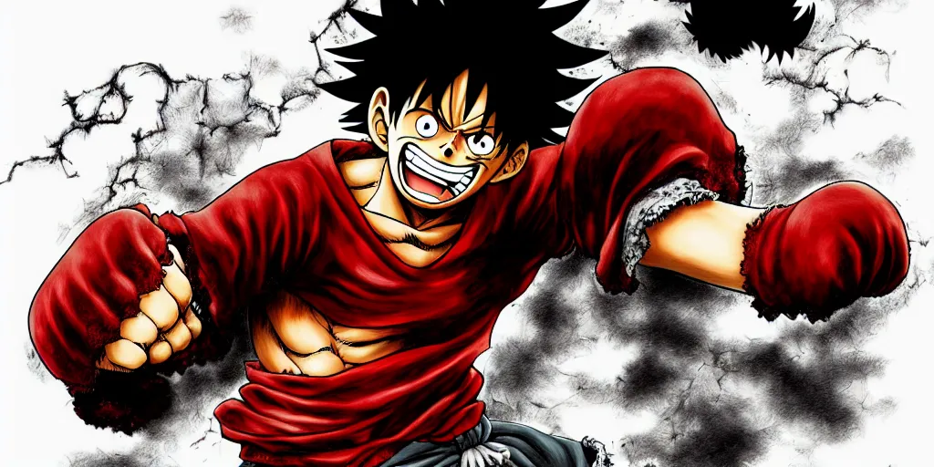 Prompt: luffy punch, berserk, 4 k resolution, comic style ， by miura kentaro, ultra detailed,