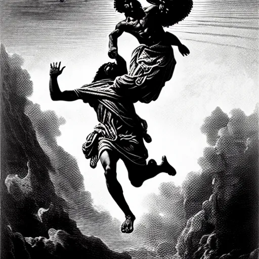 Image similar to cheef keef ascending into heaven holding cough syrup, biblical image, style of gustave dore, highly detailed, beautiful, high contrast, black and white