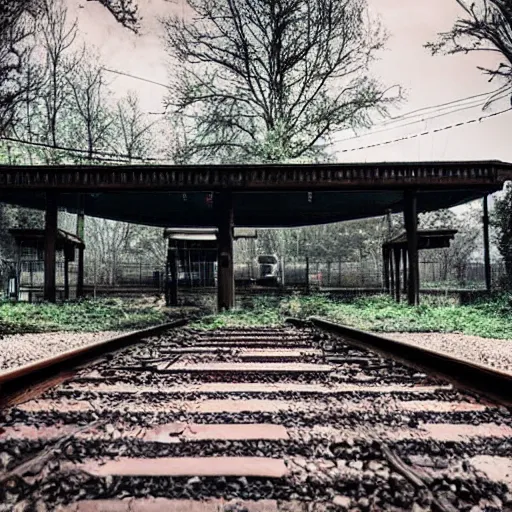Image similar to A train station platform in the Upside Down from Stranger Things, spooky, vines everywhere, horror movie atmosphere, film still from Stranger Things