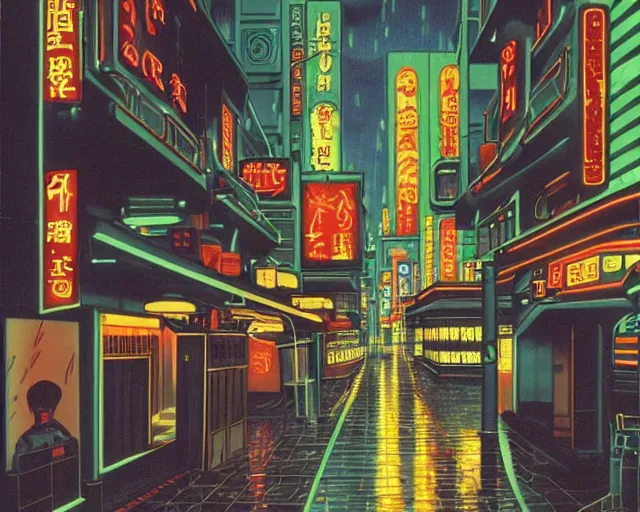 Image similar to cozy soft neon street with in a cyberpunk city on a rainy melancholy osaka night in 1 9 9 6 by de chirico