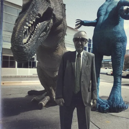 Prompt: a polaroid photo of an old man standing next to a dinosaur statue outside mcdonald's