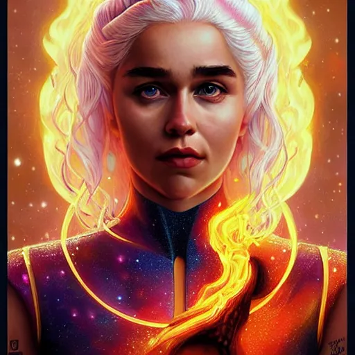 Image similar to fire flaming cosmic lofi daenerys targaryen portrait, queen of dragons, Pixar style, by Tristan Eaton Stanley Artgerm and Tom Bagshaw.