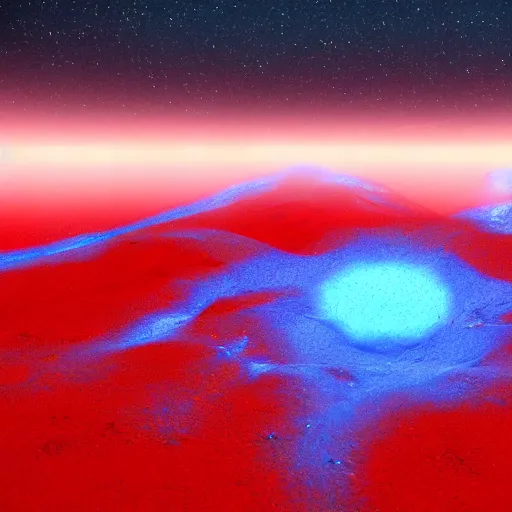 Image similar to a strange alien landscape, realistic, rocky, red and blue, blue particles, strange red particles, strange, alien - style, realistic, landscape, depth, movie lightning, realistic epic shaders, landscape