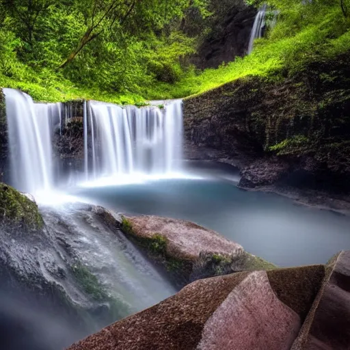 Prompt: a triangle with a beautiful spiral in it against a background of a waterfall in a lush and sacred place