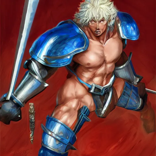 Image similar to Anime Strongman with the power to level up, a blue and red dagger, fighting a knight in red armor, detailed, centered, digital painting, artstation, concept art, donato giancola, Joseph Christian Leyendecker, WLOP, Boris Vallejo, Breathtaking, 8k resolution, extremely detailed, beautiful, establishing shot, artistic, hyperrealistic, beautiful face, octane render, cinematic lighting, dramatic lighting, masterpiece