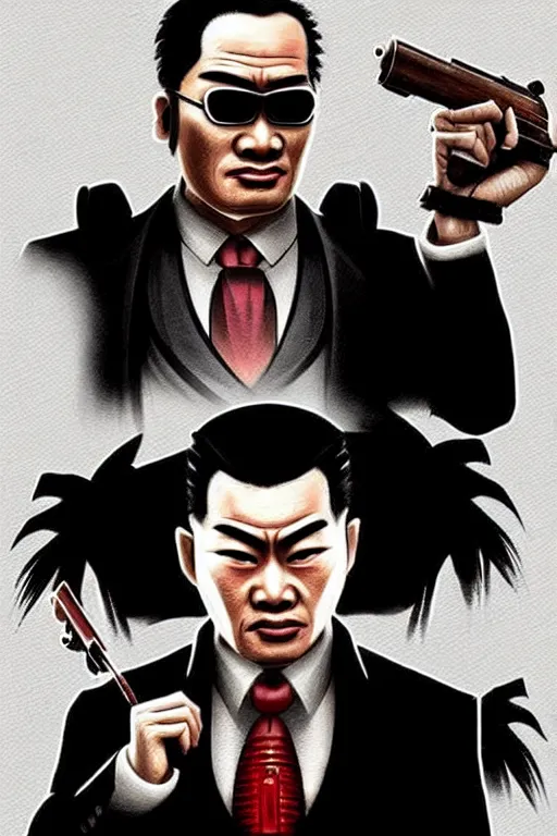 Prompt: chinnese mafia, with black suit, some of them have myth china tatto. digital art, concept art, pop art, bioshock art style, accurate, detailed, gta chinatown art style, dynamic, face features, body features, ultra realistic, smooth, sharp focus, art by richard hamilton and mimmo rottela
