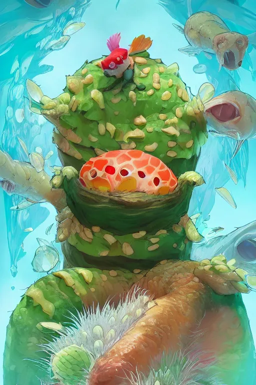 Image similar to 3 d render creature animal sushi cristal very big eye roots cactus elemental flush of force nature micro world fluo fishscale, comics gta 5 cover, official fanart behance hd artstation by jesper ejsing, by rhads, makoto shinkai and lois van baarle, ilya kuvshinov, ossdraws