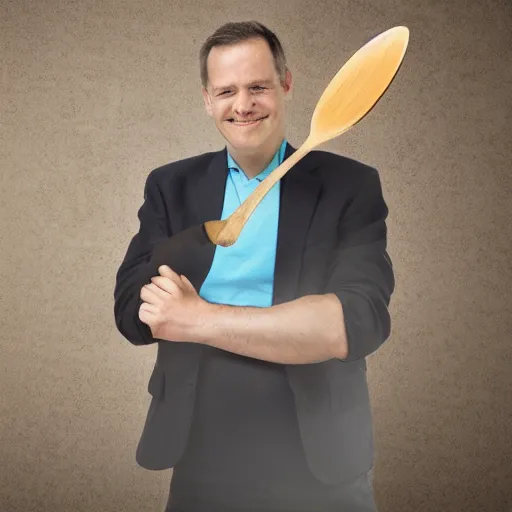 Image similar to a man with a comically large spoon