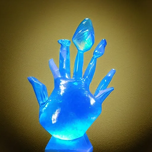 Prompt: “crystal hand sculpture made from iridescent translucent gemstone, 35 mm product photo”