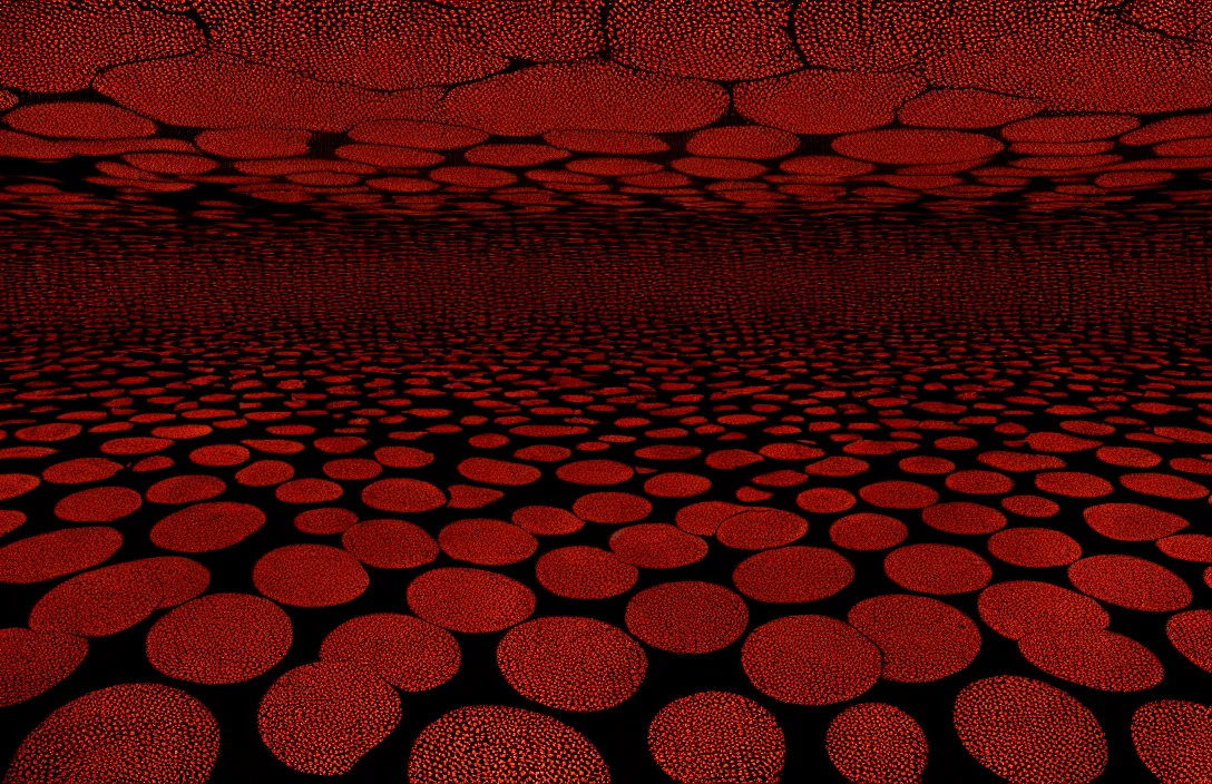 Image similar to result is a sophisticated interplay between warm, cool, light and dark colors. symbolic intact flawless ambrotype from 4 k criterion collection remastered cinematography gory horror film, ominous lighting, evil theme wow photo realistic postprocessing yayoi kusama installation point of view of antagonist petrichor render by christopher soukup