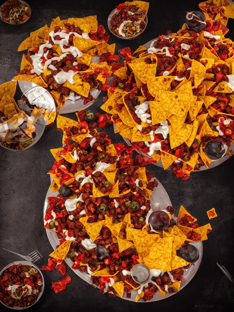 Image similar to evil demon nachos monster coming off the plate, dramatic lighting, hyperrealistic, ultrarealistic, intricate details, 4k, unreal 5, digital art