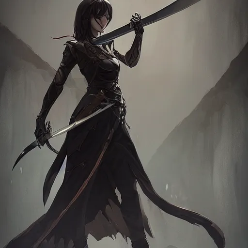 Prompt: female human vampire witch in fantasy armor holding a sword, in the style of greg rutkowski, makoto shinkai, trending on artstation, character design, concept art, pretty face, forward facing, highly detailed, digital art