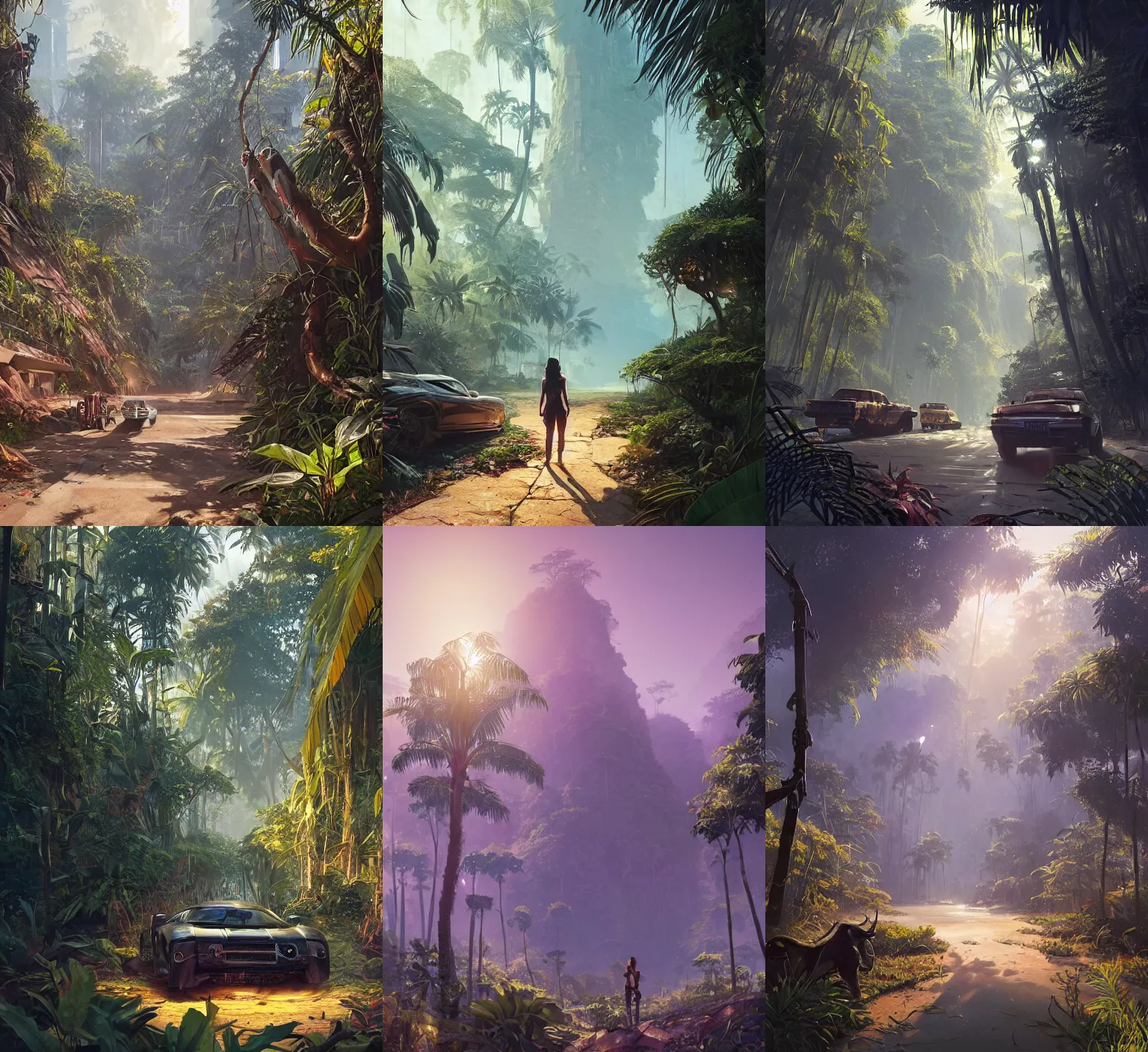 Prompt: highly detailed vanishing - point jungle, in gta v, stephen bliss, unreal engine, fantasy art by greg rutkowski, loish, rhads, ferdinand knab, makoto shinkai and lois van baarle, ilya kuvshinov, rossdraws, tom bagshaw, global illumination, radiant light, detailed and intricate environment