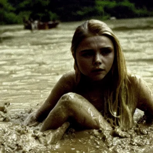 Prompt: film still, close up, chloe grace moretz rising out of muddy vietnam river, face covered in mud, low camera angle at water level, night time, film still from apocalypse now ( 1 9 7 9 ), 2 6 mm.