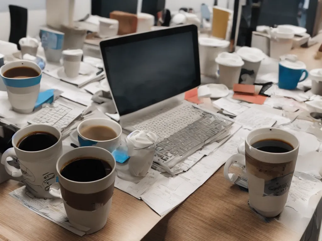 Prompt: coffee cups on 90s cubicle table, near computer