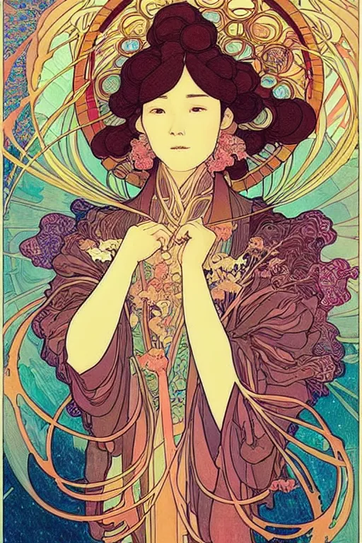 Image similar to phoenix, victo ngai style, alfons mucha ， from china, style of studio ghibli, chinese style
