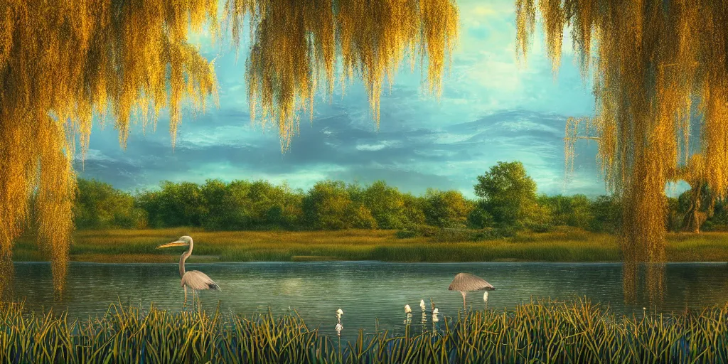 Prompt: a majestic blue heron in shallow river, waterfalls in distance, left border beautiful willow, right border cherry blosom trees, lily pads bullrushes marsh clouds, golden hour intricate luminescent matte painting, highly detailed, artstation