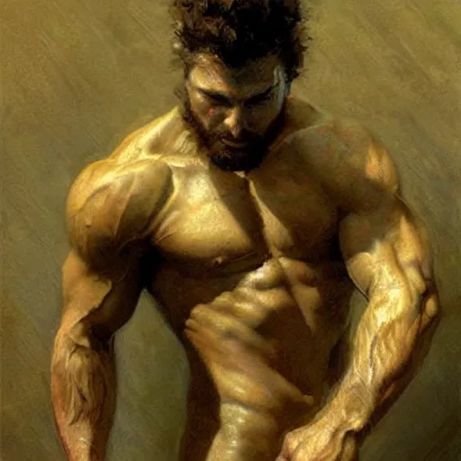 Image similar to young warrior marching, male, muscular, green eyes!!!!, straight nose!!!!!, beard, detailed face, thighs!!!!! gorgeous, amazing, muscular, intricate, highly detailed, painting by Gaston Bussiere, Craig Mullins