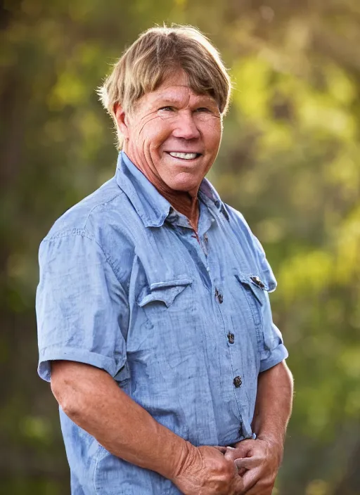 Prompt: dslr photo portrait still of 6 0 year old age 6 0 steve irwin at age 6 0!!!, 8 5 mm f 1. 8