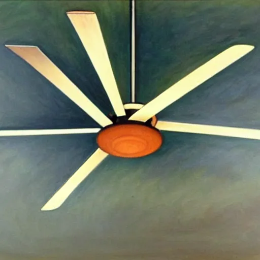 Image similar to an oil painting of a ceiling fan designed by frank lloyd wright