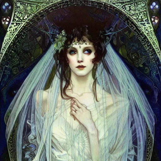 Prompt: realistic detailed face portrait of a Ghostly Ethereal Vampire Bride by Alphonse Mucha, Ayami Kojima, Amano, Charlie Bowater, Karol Bak, Greg Hildebrandt, Jean Delville, and Mark Brooks, Art Nouveau, Neo-Gothic, gothic, rich deep moody colors