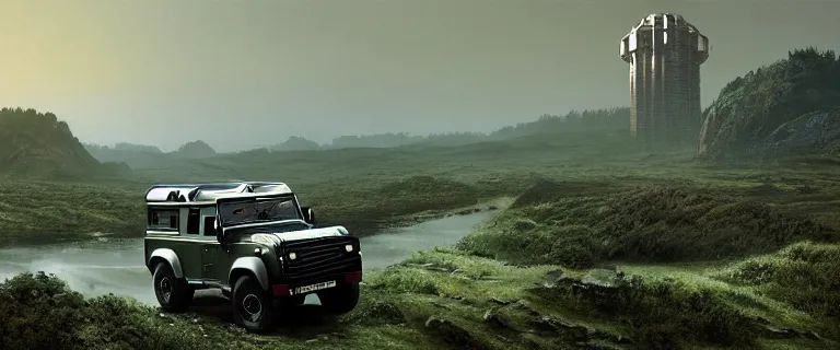 Prompt: Land Rover Defender 110 (1985), an epic fantasy, dramatic lighting, cinematic, establishing shot, extremely high detail, photorealistic, cinematic lighting, artstation, by simon stalenhag, The Elder Scrolls IV: Oblivion, Green Cyrodiil plains, Imperial City with the Adamantine Tower in the middle in the distance, at day