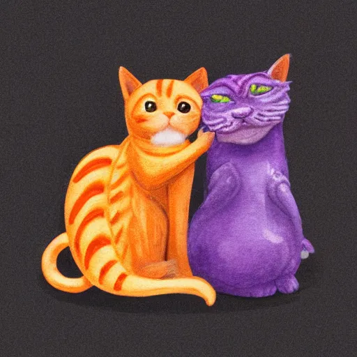 Image similar to tiny purple dragon cuddling an orange tabby cat, cozy, realistic