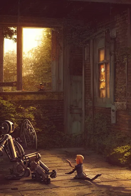 Prompt: a big old rusty robot and a boy sitting on the porch of an old house, by artgerm, by greg rutkowski, octane render, hd, evening mood, dynamic lighting