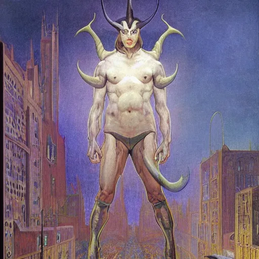 Image similar to realistic detailed portrait painting of a beautiful mysterious man with devil horns standing in a city at night background by Jean Delville, Amano, Yves Tanguy, Alphonse Mucha, Edward Robert Hughes, Roger Dean, rich moody colours, blue eyes