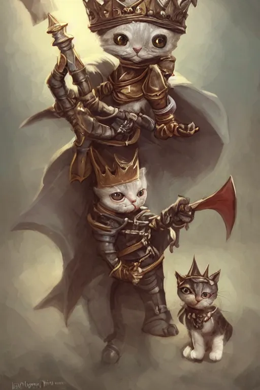 Image similar to cute little anthropomorphic cat knight wearing a cape and a crown, tiny, small, miniature cat , baby animal, short, pale blue armor, cute and adorable, pretty, beautiful, DnD character art portrait, matte fantasy painting, DeviantArt Artstation, by Jason Felix by Steve Argyle by Tyler Jacobson by Peter Mohrbacher, cinematic lighting