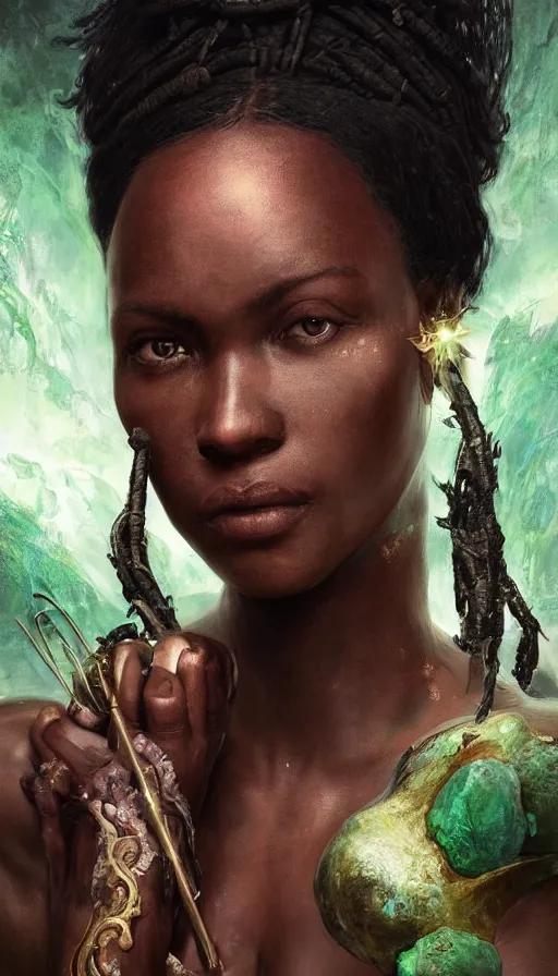 Image similar to epic masterpiece portrait of a dark skin sorceress with a magic wand, african tribe, sweaty skin, hyperrealistic, octane render, cinematic, followed by heads with many faces, beautiful face and flawless skin, perfect hands, emeralds by Edgar Maxence and Ross Tran and Michael Whelan, Legends of Runeterra