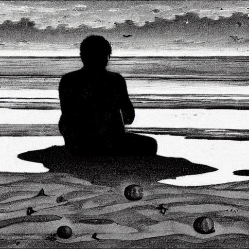 Image similar to a man sits on the beach by a lake on a moonless night, throwing pieces of his life into a fire. a great shapeless creature of darkness is drawn across the water to the light.