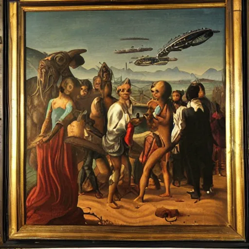 Prompt: ranaissance painting depicting people talking with aliens