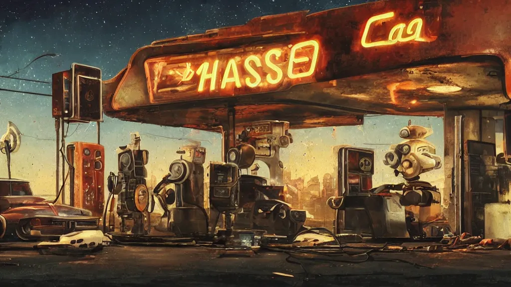 Prompt: A 1960s robot! on couch in front of a rusted! gas station. The stars! of the Milky Way shine above a broken neon sign realistic, raytracing, 8K glow, fantasy concept art by Greg Rutkowski